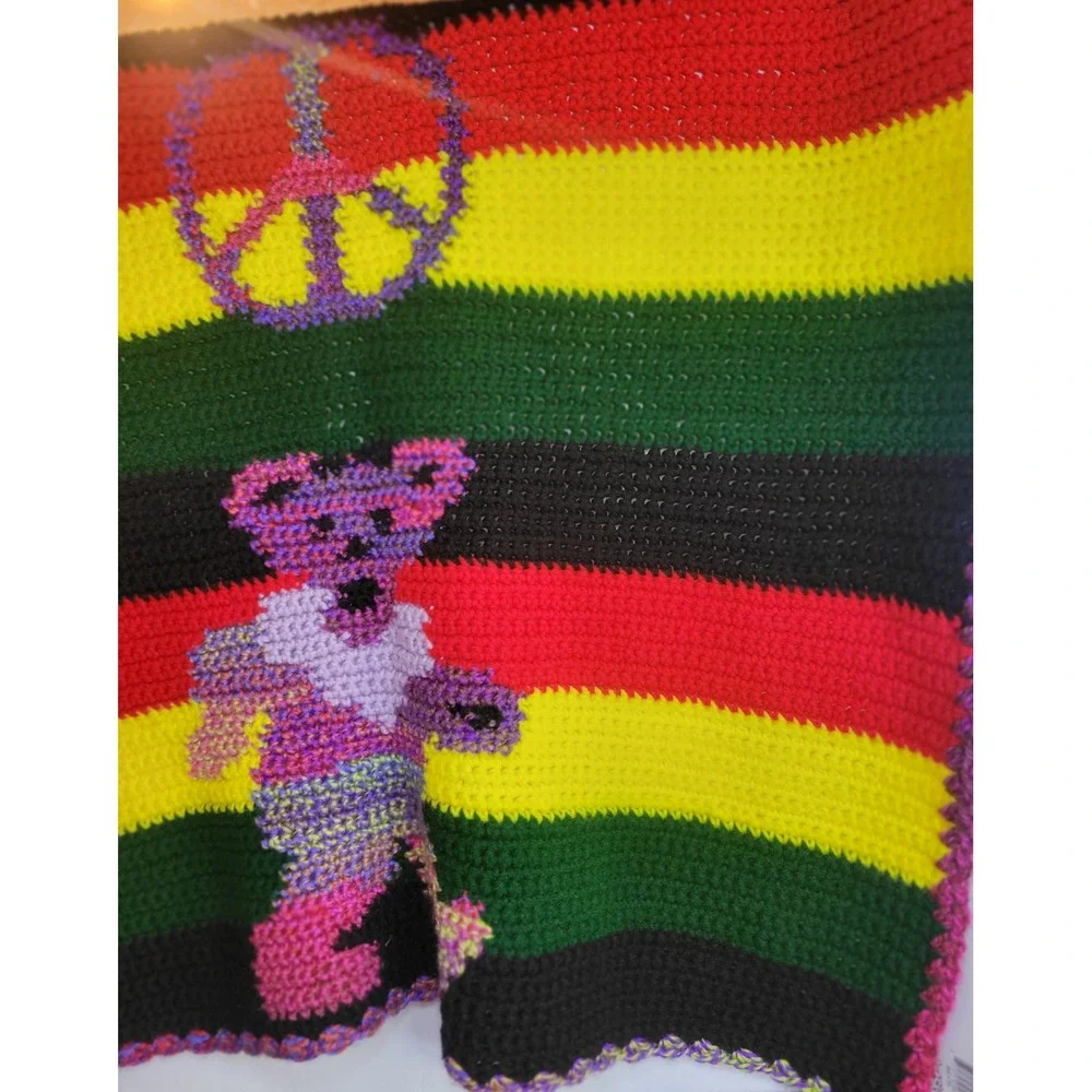Grateful Dead‎ Peace Bear Crochet Blanket Handmade Hippie Throw 37x33